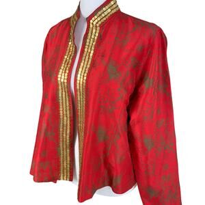 Vintage Chico's Red Silk Gold Sequin Bead Mandarin Art Jacket Size 2 US M